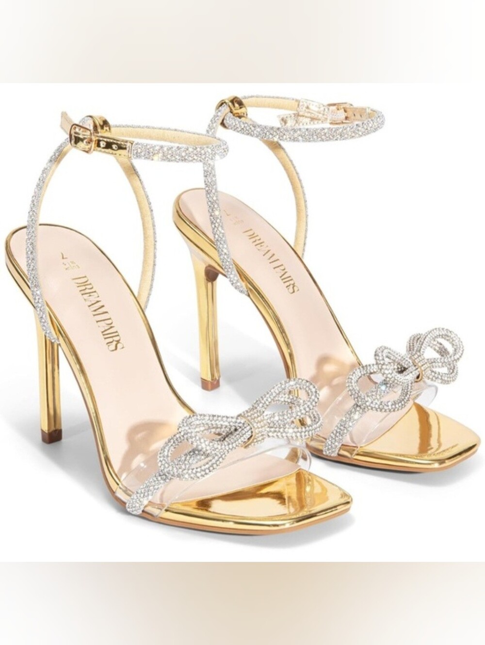 Dream Pairs Gold Rhinestone Double Bow Clear Heels Size 10